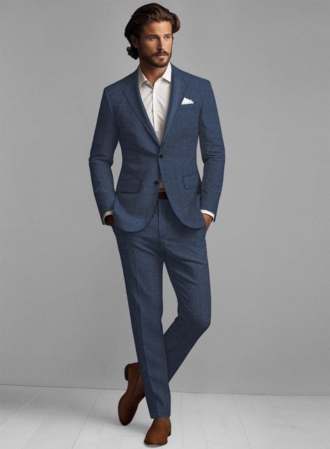 A luxurious spin on classic tailoring, our Solbiati Denim Blue Linen Suit is an elegant piece that ensures an impeccable look. Crafted from pure linen, it offers a lean and polished appearance, as well as exceptional breathability for a stylish and comfortable feel. Meticulously tailored with contemporary details, this suit creates a sleek and powerful silhouette that is sure to make a statement at any social gathering or formal meeting.     About Solbiati Pericle Collection :  A blend of artisan craftsmanship and the finest linen, designed for those who cherish classic elegance with a modern twist. Our collection offers unparalleled comfort and impeccable style. With the freedom to explore vibrant textures and colors, from sophisticated two-tone twills to lively mélange patterns, Pericle Blue Linen Suit Men Wedding, Classic Mens Suits, Men Wedding Suits Classy, Blue Formal Outfit Men, Blue Suit Men Wedding, Male Suits Classy, Mens Suit Blue, Blue Suits For Men, French Blue Suit