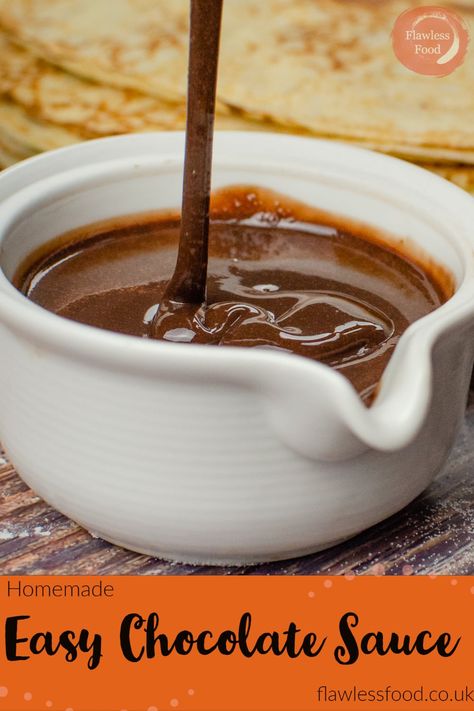 This easy chocolate sauce recipe is so simple and quick to make using cocoa powder, sugar and your choice of flavouring, in this case vanilla extract. Then you can choose double cream, single cream or milk depending how thick and rich you want the sauce?Using cream makes a thicker chocolate fudge flavoured sauce whereas milk will result in a runny chocolate syrup.Can be served hot or cold poured on puddings, drizzled over ice creams, pancakes and cakes or dip fruit into it. This homemade chocola Chocolate Syrup Recipes, Homemade Chocolate Fudge, Hot Chocolate Sauce, Homemade Chocolate Sauce, Cocoa Powder Recipes, Chocolate Sauce Recipes, Chocolate Dipping Sauce, Chocolate Fudge Sauce, Fudge Flavors