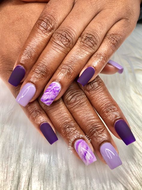 Purple 💜 Nails Dark Purple Nails Black Women, Tan And Purple Nails, Purple Rose Nails, Dark Purple Nail Designs Short, Purple Nails Designs Spring, Light Purple Square Nails, Matte Purple Acrylic Nails, Dark Purple Short Nails, Black And Dark Purple Nails