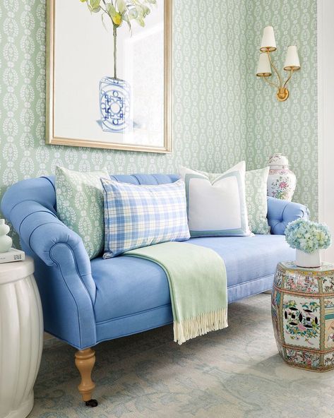 Living Rooms With White Sofas, French Farmhouse Living Room, Rugs Wallpaper, Dreamy Palette, Blue And Green Living Room, Caitlin Wilson Design, Blue Blanc, Green Living Room Decor, Winter Sunshine