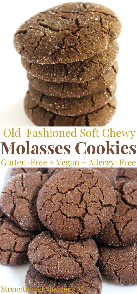 Gluten-Free Molasses Cookies (Vegan, Allergy-Free) | Strength and Sunshine | Soft and chewy Gluten-Free Molasses Cookies! These perfect old-fashioned molasses cookies are vegan and allergy-free. Rich with molasses and brown sugar, deliciously spiced with ginger and cinnamon, and rolled in sugar for a sweet crisp finish, these soft molasses cookies are so easy and quick to bake! A classic Christmas and holiday recipe for every cookie platter! Gluten Free Dairy Free Ginger Molasses Cookies, Gluten Free Soft Ginger Molasses Cookies, Gluten Free Soft Molasses Cookies, Vegan Gluten Free Molasses Cookies, Ginger Molasses Cookies Gluten Free, Molasses Cookies With Almond Flour, Gf Molasses Cookies, Gluten Free Molasses Cookies Chewy, Eggless Molasses Cookies