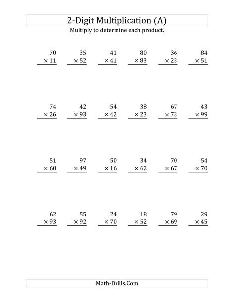 The Multiplying a 2-Digit Number by a 2-Digit Number (A) Long Multiplication Worksheet Two Digit Multiplication, Double Digit Multiplication, Free Multiplication Worksheets, Printable Multiplication Worksheets, Math Multiplication Worksheets, Math Fact Worksheets, Integers Worksheet, Multiplication Word Problems, Math Addition Worksheets