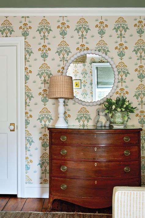 Morris & Co.’s Meadow Sweet wallpaper sets a playful tone in the daughter’s bedroom. A white Serena & Lily lamp and Pottery Barn Kids mirror are fresh complements to the antique dresser. Window Trim Paint, Lily Lamp, Kids Mirror, Meadow Sweet, Sweet Wallpaper, Morris And Co, Cottage Core Home, Brooklyn Townhouse, Kids Mirrors