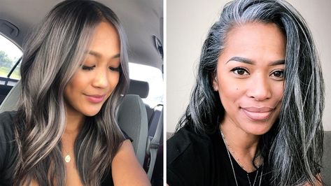 'Gray Blending' Is the Gorgeous New Way to Transition Your Hair | Glamour Grey Hair With Black, Grey Blending Highlights Going Gray, Dark Hair Going Gray, Black Hair Going Grey, Grey Blending Dark Hair, Blend Grey Hair, Blending Highlights, Grey Blending Highlights, Brown Hair Pictures