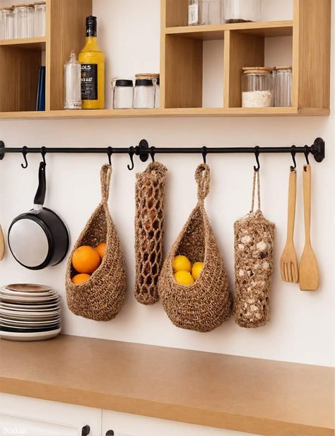 Crochet Kitchen Storage, Knife Storage Ideas, Kitchen Vegetable Storage, Onion Storage, Hanging Fruit Baskets, Jute Hanging, Fruit Baskets, Kitchen Baskets, Vegetable Storage