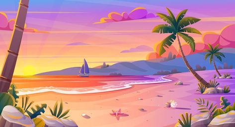 Beach Art Drawing, Beach Wallpaper Cartoon, Beach Cartoon Illustration, Beach Sunset Illustration, Cartoon Beach Scene, Vacation Background, Sun Reflection, Vector Beach Illustration, Sunrise On The Beach