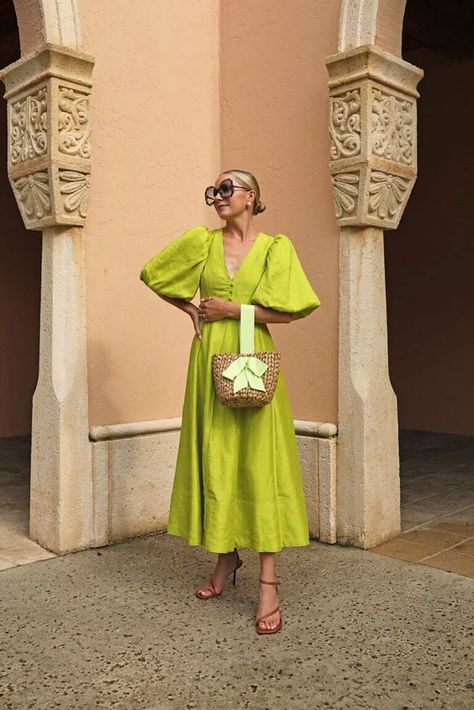 CITRON - Atlantic-Pacific Chartreuse Shoes Outfit, Aje Dress Outfit, Puff Sleeve Midi Dress Outfit, Chartreuse Midi Dress, Citron Outfit, Chartreuse Dress Outfit, Puff Sleeve Dress Outfit, Poplin Dress Outfit Ideas, Millennial Outfits