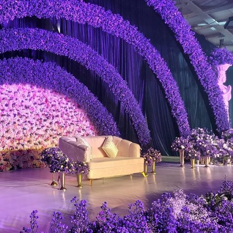 Grand Wedding Stage Decorations, Shaadi Stage, Wedding Drawings, Stage Decor Ideas, Lavender Theme, Engagement Stage Decoration, Entrance Signage, Aubergine Colour, Purple Wedding Decorations