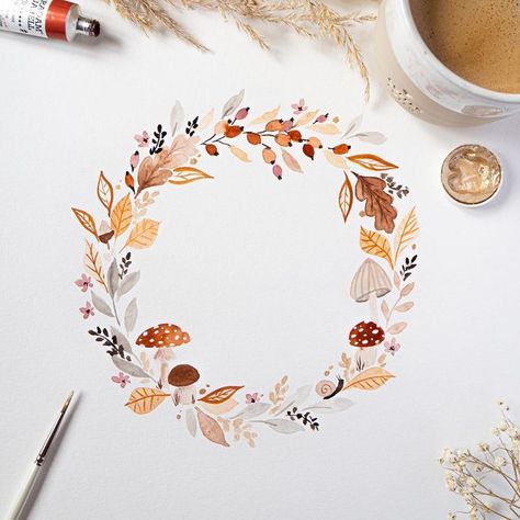 Autumn Wreath Watercolor, Autumn Wreath Drawing, Fall Wreath Watercolor, Fall Wreath Drawing, Fall Wreath Painting, Watercolor Art Autumn, Autumn Watercolor Paintings, November Watercolor, Autumn Craft Ideas