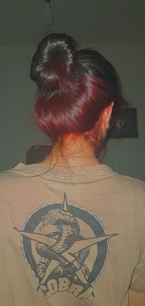 Red hair bun half dyed Half Dark Half Light Hair Under, Red Undercolor Hair, Under Hair Dye Burgundy, Balayage, Dark Hair Red Peekaboo, Brown Hair And Red Underneath, Dark Brown Hair With Dark Red Underneath, Dark Cherry Peekaboo Hair, Half Hair Dyed Underneath Red