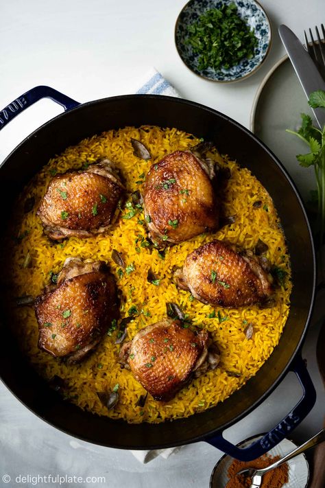 This One Pan Chicken and Turmeric Rice with Asian flair features tender, flavorful chicken and fragrant yellow turmeric rice. Incredibly delicious and healthy! This easy one pan recipe is perfect for busy weeknight dinner. #asian #chickenrecipe #turmericrice #onepan #dinner Chicken Turmeric, Dinner Asian, Pan Dishes, Turmeric Rice, One Skillet Meals, Tasty Meat, One Pan Chicken, One Pot Chicken, One Pot Dinner