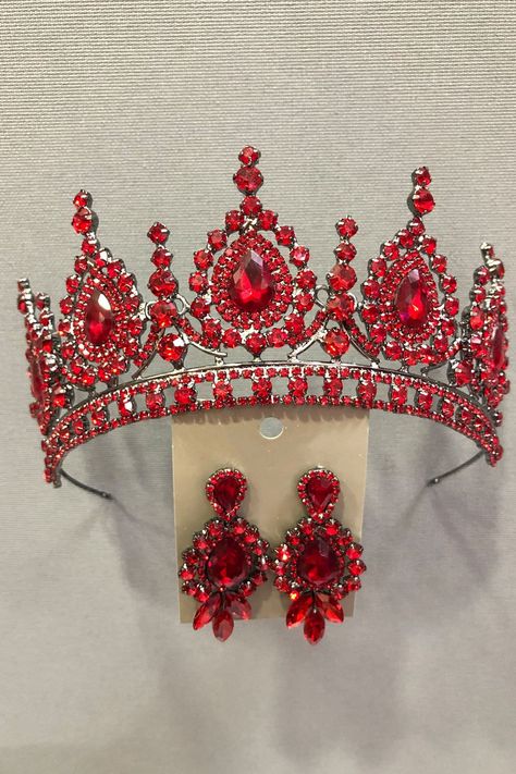 Ahu Live Red Bride, Henna Crown and Earring Set Crystal Glass Stone Hair Accessory Henna Crown, Quince Crown, Beauty And The Beast Quince, Red Quinceanera Ideas, Bride Henna, Quinceanera Red, Red Bride, Quinceanera Accessories, Wedding Crown Tiara