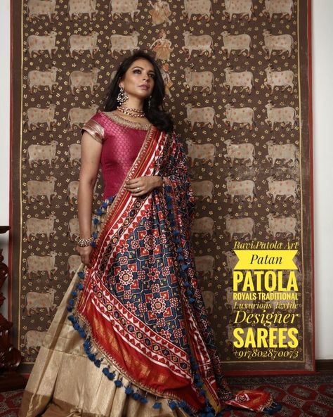 Ravi Patola art Patan Double ikat Traditional Patola sarees And Dupatta  Royals Queen Luxurious Textile Designer Sarees  +917802870073 Chaniya Choli With Patola Dupatta, Patola Dupatta Chaniya Choli, Patan Patola Lehenga, Patola Dupatta With Lehenga, Chaniya Designs, Patola Chaniya Choli, Patola Lehenga, New Dress Pattern, Navratri Dress