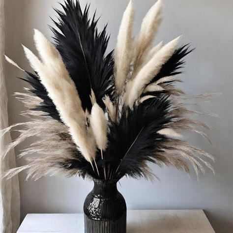 Faux Pampas Tall Grass Black and Neutral- 6 Stems per Color Black Pampas Decor, Boho Black Decor, Black Vase With Pampas, Black Pampas Grass Centerpiece, White With Black Accents Living Rooms, Black And Gold Entryway Decor, Floor Vase With Pampas, Black Pampas Grass Wedding, Black Vase Decorating Ideas