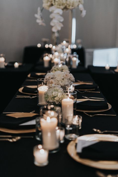 Round Tables Black Linen Wedding, Elegant Black White And Gold Wedding, Black And Gold Outdoor Wedding, Black White And Metallic Wedding, Black And Metallic Wedding, Black Cocktail Tables Wedding, Black And White And Gold Wedding Theme, Black White Gold Engagement Party, Black Gold Ivory Wedding Decor