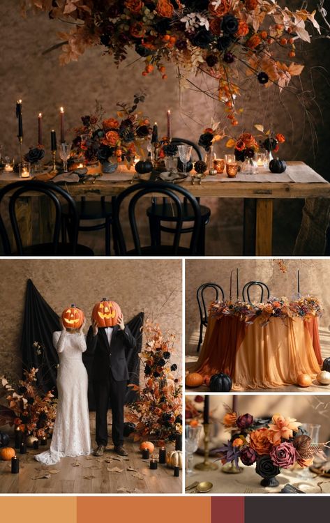 October Wedding Halloween, Unique Halloween Wedding Ideas, Fall Gothic Wedding Centerpieces, Black And Orange Themed Wedding, Quinceanera Halloween Theme, Wedding Ideas In October, Autumn Anniversary Party, Fall Wedding Halloween, Black Orange Wedding Theme