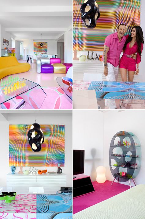 ish and chi: The vibrant home of Karim Rashid- interior design, decorating and style ideas Karim Rashid Interior, Shoe Cabinet Ideas, Shoe Rack Ideas, Modern Shoe Cabinet, Vibrant Living Room, Trend Outfit, Boho Interior Design, Vibrant Home, Neon Room