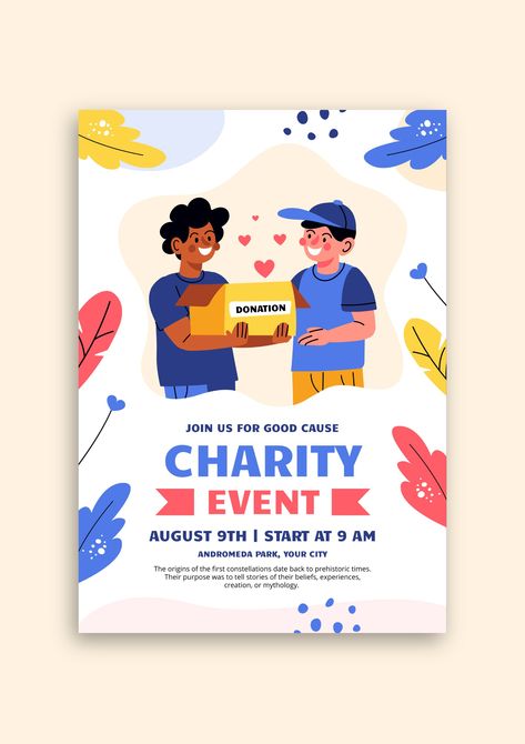 Hand-drawn Flat Good Cause Donation Charity Event Flyer Donation Drive Poster Ideas, Event Graphic Design Flyer, Donation Poster Charity, Charity Banner, Donation Poster Design, Pubmat Layout, Charity Event Poster, Food Rescue, Event Poster Inspiration