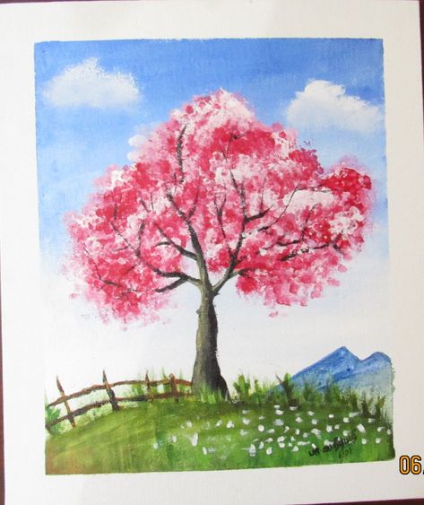 A bright cherry blossom Spring Tree Drawing, Cherry Blossom Acrylic Painting, Blossom Acrylic Painting, Cherry Blossom Acrylic, Kids Painting Class, Acylic Painting, Cherry Blossom Painting Acrylic, Color Pencil Sketch, Cherry Blossom Painting