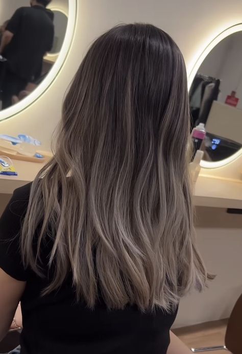 Grey Ends On Brown Hair, Balayage Straight Hair 2023, Ash Balayage Straight Hair, Ash Hair Color Balayage, Ashy Brown Hair Money Piece, Milk Tea Balayage On Dark Hair, Hair Color Ideas For Hispanics, Ash Blonde Highlights Straight Hair, Ash Brown Hair With Balayage