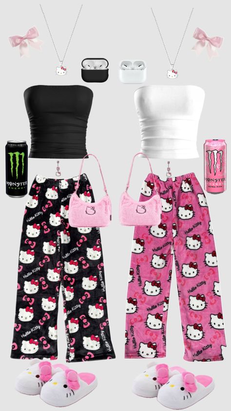 Hello kitty matching outfits Pajama Party Outfit Ideas, Pajama Party Outfit, Kuromi Clothes, Hello Kitty Matching, Cutesy Outfit, Bff Matching Outfits, Fashion Dress Up Games, Bff Matching, Bestie Outfits