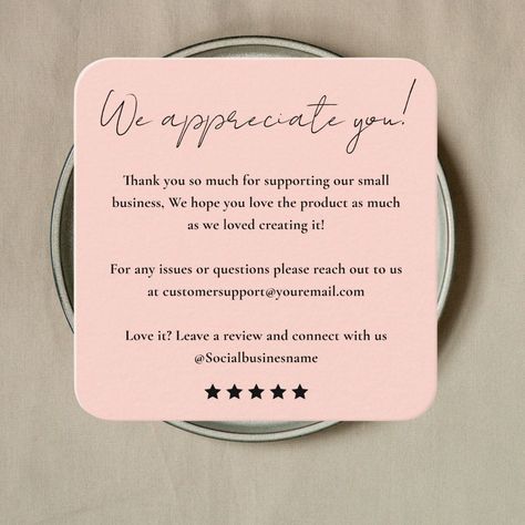 Leave Us A Review | Customer Feedback | Thank You Blush Pink Business Card


Express gratitude and encourage valuable customer feedback. This square business card features a heartfelt "Thank You" and prompts customers to "Leave a Review". Thank You Card Restaurant, Thank You Customer Card, Thank You Card For Customer, Thank You To Customers, Thank You Notes For Customers, Customer Feedback Design, Thanks Card For Customer, Thank You Business Cards, Thank You Card Business