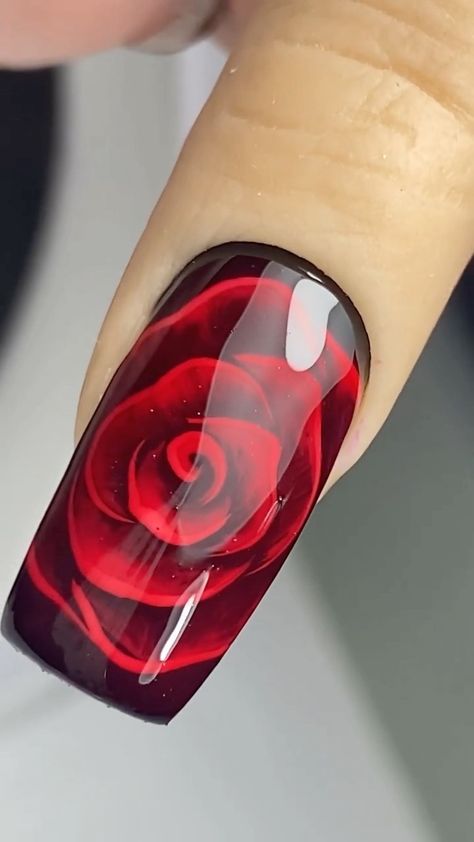 Nail Art With Roses, Blooming Rose Nail Art, Red Nails With Roses, Roses Nails Design, Red Roses Nails, Rose Nails Design, Red Flower Nails, Rose Nail Art Designs, Roses Nails