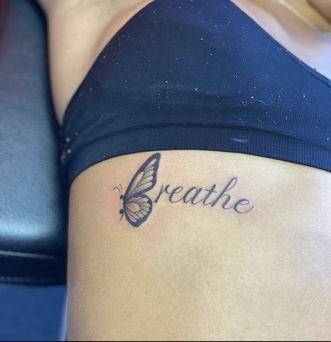 Side Wrist Tattoos Black Women, Wrist Tattoos For Women Semicolon, Ways Tattoo With Butterfly, Butterfly Breathe Tattoo, Tiny Tattoos Black Women, Breathe Butterfly Tattoos, Breathe Tattoos With Butterfly, 50 Tattoos For Women, Small Baddie Tattoo Ideas