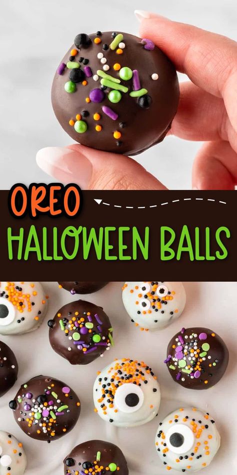 Halloween season is time for all the fun spooky treats! These easy oreo balls with eye candy and Halloween sprinkles are always a hit with the kids. Who doesn't love oreo balls?! Oreo Truffles Recipe Halloween, Bat Oreo Balls, Halloween Treats With Sprinkles, Halloween Themed Oreo Balls, Oreo Balls Halloween Treats, Halloween Desserts Oreo Balls, Halloween Oreo Dip, Oreo Eyeballs Halloween Treats, Halloween Cookie Dough Balls