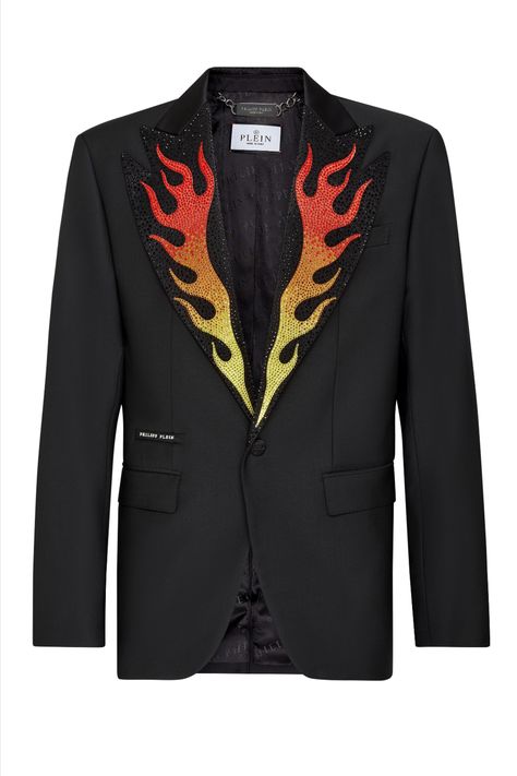 Fire Outfits Men, Ricky Powell, Punk Fashion Male, Fire Costume, Embroidered Suits, French Costume, Black Flame, Cheap Jacket, Versace Outfit