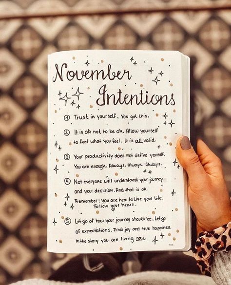 Positivity for your month. What will your November intentions be? -artist unknown. What Are Your Intentions, Belleville Ontario, Shape Fitness, Journal Inspiration Writing, Bullet Journal Mood Tracker Ideas, Gratitude Affirmations, Journal Writing Prompts, Mindfulness Journal, True Happiness