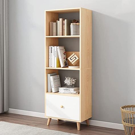 AmazonSmile: IOTXY 4-Tier Open Shelves Bookcase - 59 Inches Height Modern Floor Standing Cubes Wooden Mid Bookshelf with Storage Drawer and Legs, Oak : Home & Kitchen Bookshelf With Drawer, Mdf Bookshelf, Open Book Shelves, Bookshelf Stand, Scandinavian Bookshelves, Standing Bookshelves, Bookshelf With Drawers, Bookshelf With Storage, Shelf With Drawers