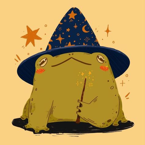 Wizard Frog Drawing, October Pfp, Wizard Pfp, Frog Wizard, Wizard Frog, Cute Wizard, September Art, Cartoon Frog, Frog Theme