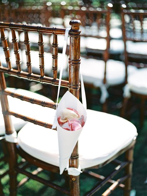 Wedding Ceremony Chair Flowers, Flower Petal Cones Wedding, Flower Petal Toss Wedding Ceremony, Flower Petal Cones, Rose Petal Toss Wedding, Ceremony Chair Set Up, Petals To Throw At Wedding, Kids In Wedding Ceremony, Petal Cones Wedding