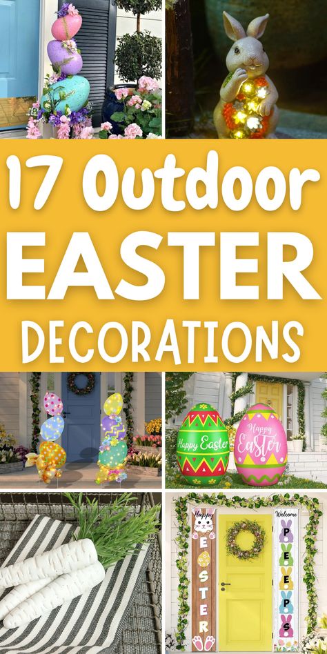 With Easter just around the corner, now is the perfect time to start thinking about Outdoor Easter Decorations! There are a number of different ways to decorate for Easter. Here we’ve gathered some of the most creative and beautiful outdoor Easter decoration ideas. From Easter wreaths and garlands to bunny-themed yard decorations, there are endless possibilities. Easter Garden Decorations Diy Projects, Front Porch Easter Ideas, Front Yard Easter Decor, Easter Decor For Front Porch, Easter Ideas Decoration Outdoors, Easter Outdoor Decorations Diy, How To Decorate For Easter, Diy Easter Porch Decor, Diy Outdoor Easter Decor