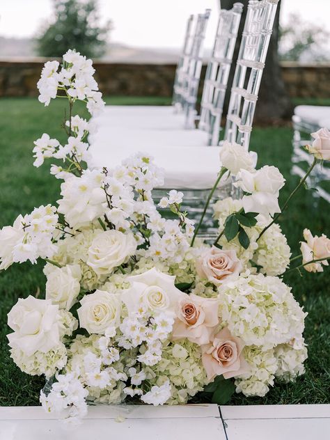 Featured Wedding - Jill & Tom Pink And White Aisle Flowers, White Floral Aisle, Pink Ceremony Flowers, White Floral Ceremony Aisle, White And Green Floral Chuppah, Bridal Parties Colors, Party Colors, Ceremony Aisle, Aisle Flowers