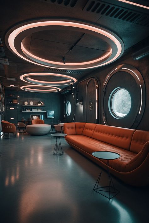 Cyberpunk Interior Design, Futuristic Restaurant, Cyberpunk Interior, Bar Lounge Design, Future Interior Design, Futuristic Interior Design, Unique Furniture Design, Bar Interior Design, Futuristic Interior