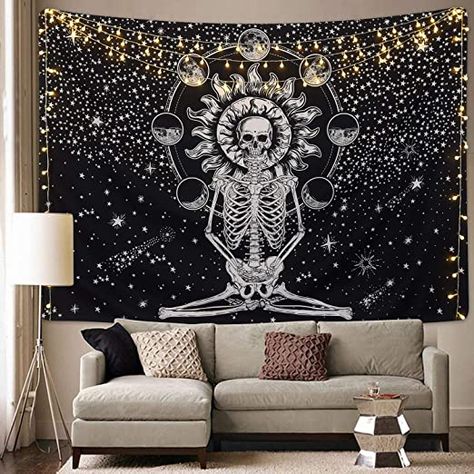 Sevenstars Skull Tapestry Meditation Skeleton Tapestry Chakra Tapestry Starry Tapestry Black and White Stars Tapestry for Room Neon Aesthetic Bedroom, Cozy Dark Bedroom Aesthetic, Cozy Dark Bedroom, Indie Tapestry, Aesthetic Boston, Dorms Decor, Trippy Tapestry, Star Tapestry, Picnic Tablecloth