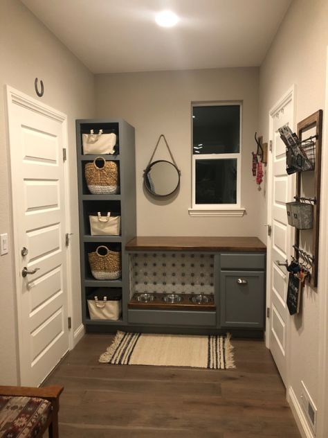 Mudroom Plant Room, Mud Room With Table, Dog Room Mud Room, Laundry Room Pet Space, Mud Room Bench Dog Bowl, Dog Bowl Storage Cabinet, Dog Bowls Under Cabinet, Dog Bowl Mudroom, Laundry Mud Room Dog Kennel