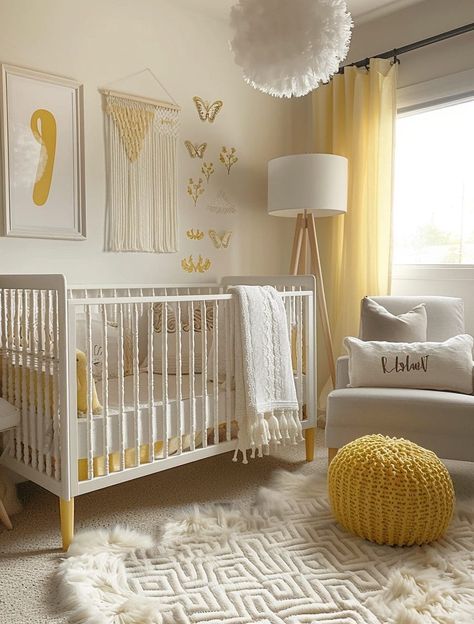 Yellow And Pink Baby Room, Yellow Sunshine Nursery, Yellow Boho Nursery, Yellow Nursery Ideas Gender Neutral, Yellow Baby Room Ideas, Yellow Baby Girl Nursery, Spring Nursery Ideas, Baby Room Design Colorful, Baby Room Ideas Yellow