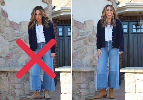 Crop Wide Jeans Outfit, Jean And Shoes Guide, Crop Boot Jeans Outfit, Wide Leg And Boots, Wide Leg Pants And Boots Outfit, Cropped Flared Jeans With Boots, Cropped Pants And Boots, Wide Leg Crop With Boots, Wide Leg Boots Outfit