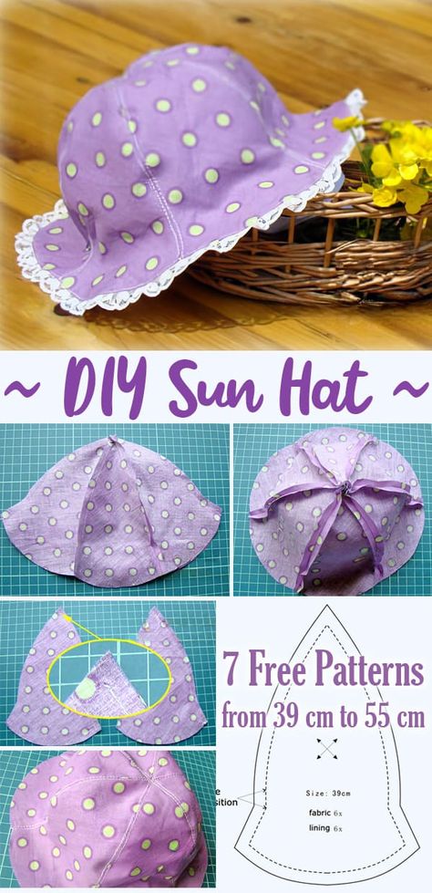 How to Make a Sun Hat Fun Simple Sewing Projects, Free Baby Hat Patterns Sewing, Toddler Sun Hat Pattern Free, Baby Hat Patterns Sewing Free, Infant Hat Pattern Sewing, Baby Sunhat Pattern, Infant Bucket Hat Pattern Free, Baby Fabric Projects, Childrens Sewing Projects