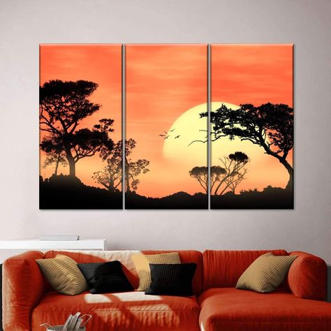 Multi Canvas Painting Ideas Acrylics, Multi Canvas Painting Ideas, Africa Sunset Tattoo, Africa Landscape Painting, Africa Artwork, Africa Sunset Painting, Sunset Safari Painting, Multi Canvas Painting, Multi Panel Paintings