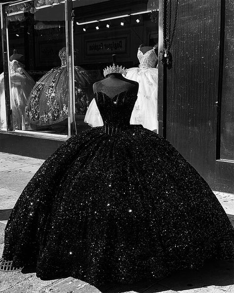 Black Glitter Sweet 16 Dress, Black Glitter Quince Dress, Sparkly Black Quinceanera Dresses, Black 16th Birthday Dress, Quince Decorations Black, Black Sparkly Quince Dress, Black And Purple Quinceanera Dresses, Black Dress Sweet 16, Black Xv Dresses