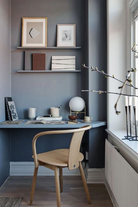 Built-in Blue Desk with Shelving in Scandi Home Office via Alvhem Blue Home Offices, Scandinavian Style Home, Home Office Inspiration, Built In Desk, Design Del Prodotto, Modern Home Office, Home Office Space, A Desk, Scandinavian Interior