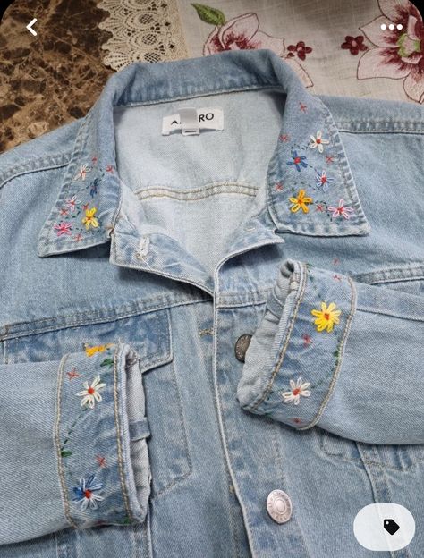 How To Embroider Flowers On Jean Jacket, Hand Embroidery Denim Jacket, Flower Embroidery Denim Jacket, Denim Jacket With Embroidery, Embroidery On Jeans Jackets, Jean Jacket Embellishments Ideas, Embroidery On Jean Jackets, Denim Embroidery Jacket, Jean Jacket Embroidery Diy