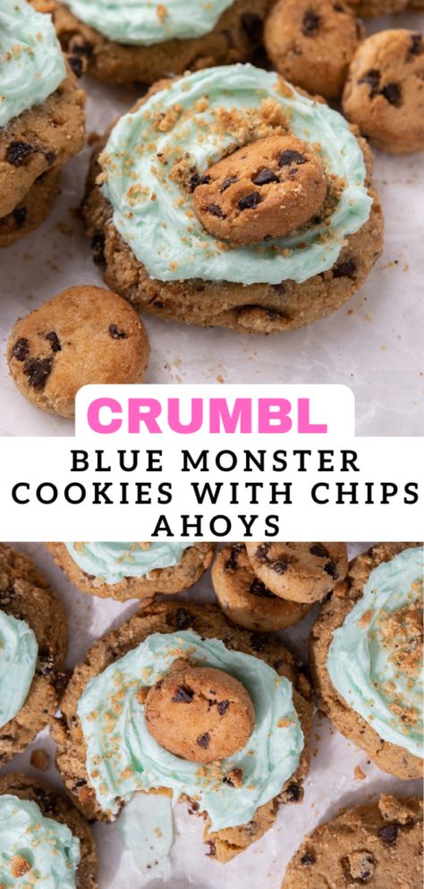 Crumbl blue monster cookies with chips ahoy - Lifestyle of a Foodie Cookies With Chips, Blue Monster Cookies, Crumble Cookie Recipe, Monster Cookies Recipe, Brown Sugar Cookies, Blue Monster, Cookie Dough Ice Cream, Chips Ahoy, Gourmet Cookies