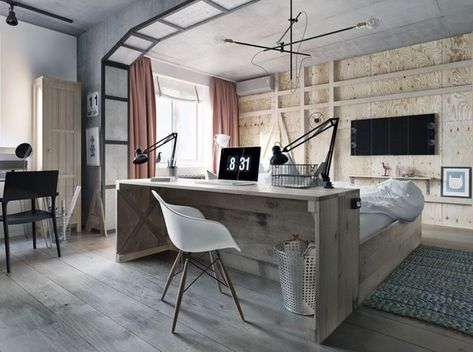 Office Bedroom Combo Ideas, Bedroom And Office Combo Ideas, Office Bedroom Combo, Bedroom Office Combo, Industrial Style Bedroom, Industrial Style Home, Loft Interior, Wooden Bedroom, Small Apartment Design