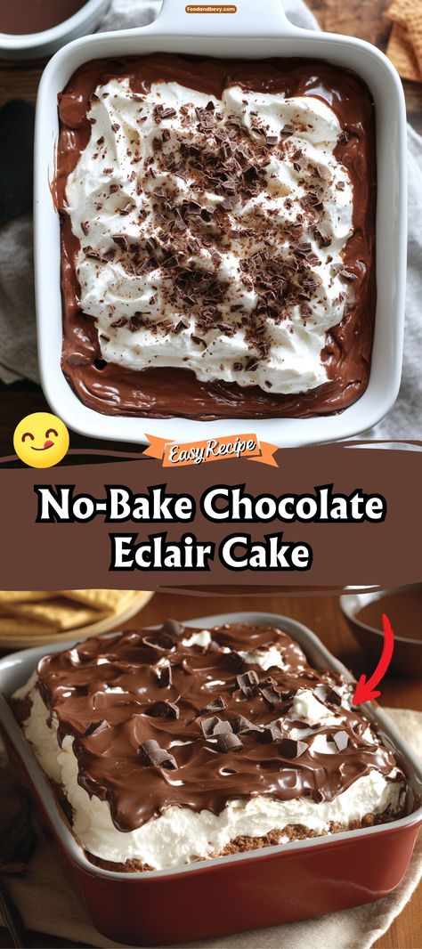 Chocolate Eclair Torte, No Bake Chocolate Eclair Cake, Eclair Cake Recipe, Chocolate Eclair Dessert, Eclair Cake Recipes, Refrigerator Cake, Chocolate Eclair Cake, Gourmet Bakery, Eclair Cake