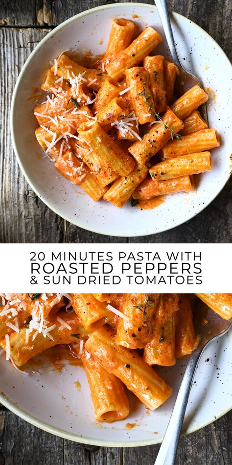 Creamy roasted red pepper and sun dried tomato pasta Roasted Red Tomatoes Recipe, Sundry Tomatoes Recipes Pasta, Dried Tomato Pasta, Red Pepper Tomato Pasta, Sun Dried Tomato Pasta Sauce, Spicy Sun Dried Tomato Pasta, Spicy Sundried Tomato Pasta, Creamy Sun Dried Tomato Pasta, Sun Dried Tomato Pasta